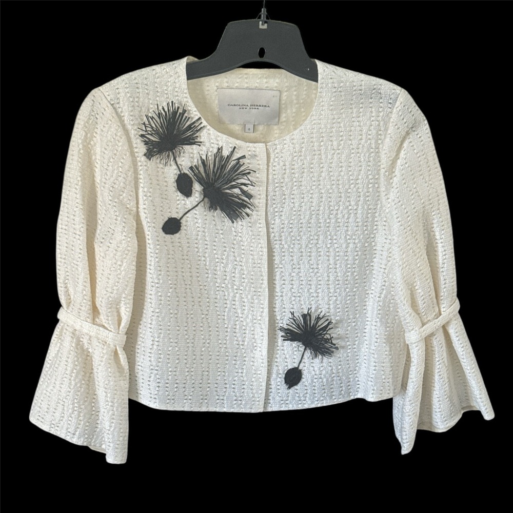 Vintage Carolina Herrera Cream Embellished Jacket Silk Lined Size 6 USA